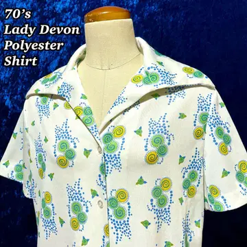70's Lady Devon 수수께끼 패턴 폴리에스테르 셔츠