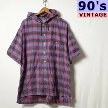 90년대 빈티지 Shah Safari 후드 부착 반팔 플란넬 셔츠