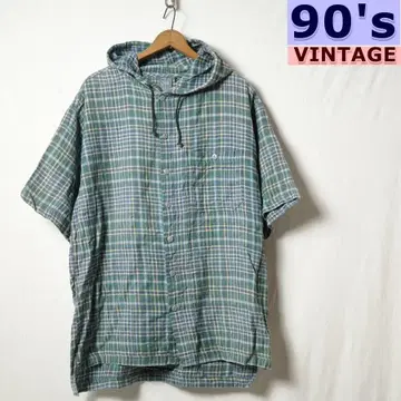 90년대 빈티지 Shah Safari 후드 부착 반팔 플란넬 셔츠