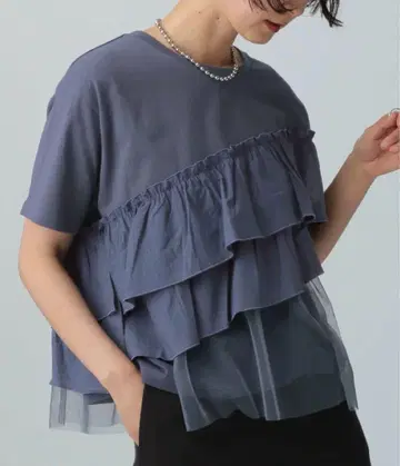 LEPSIM 이소재 프릴 도킹 T 상의 티셔츠 블루 코튼