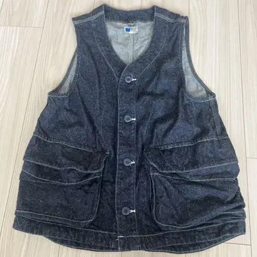 코지마 데님 베스트 V 버튼 인디고 블루 x 화이트 스티치