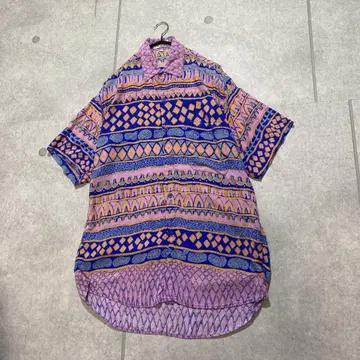80s 빈티지 핸드메이드 레이온 100% 올 패턴 그래픽 롱 셔츠