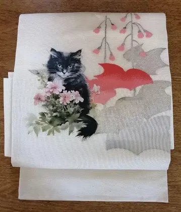 [미사용 새상품] 장모 고양이 여름 오비 화이트 베이스에 자수