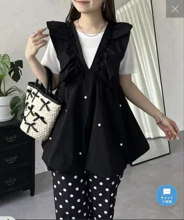 프릴 V넥 펄 장식 벌룬 베스트