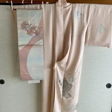 연한 핑크 호몬기 순수 실크 자수 꽃무늬 오비 포함