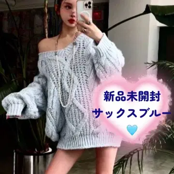 미개봉 새상품 다리치 루즈 케이블 로우게이지 니트 튜닉, 색스 블루