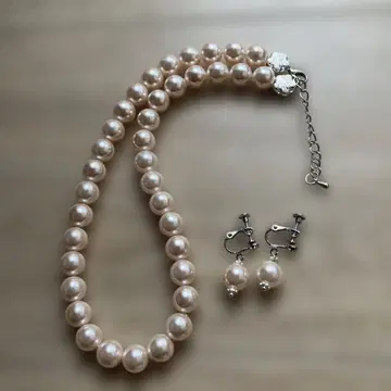 핑크 조개 펄 목걸이와 귀찌 세트 약 41cm 약 10mm 구슬