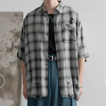 HARE 데미지 체크 셔츠 그레이