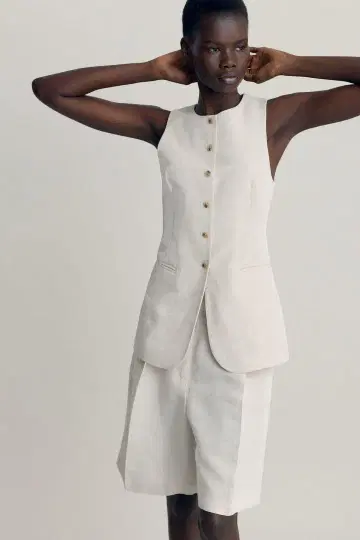 H&M 롱 린넨 베스트 라이트 베이지 38