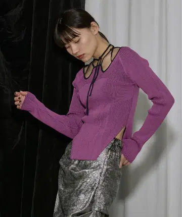 ezick 2way code neck 이레 리브 배색 니트