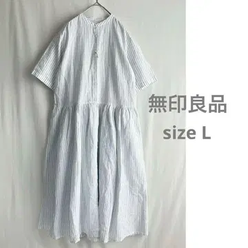 [ 미사용품 ] 무인양품 헴프 코튼 반팔 원피스 L 오프화이트 스트라이프