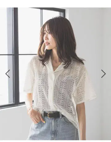 새상품 글로벌 워크 레이스 셔츠 반팔 아이보리 M