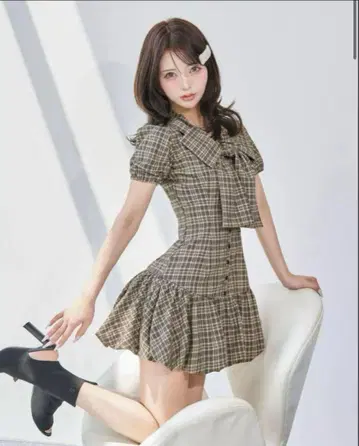 Darich 빅 리본 벌룬 체크 미니 원피스