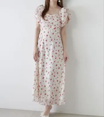 [새상품] SNIDEL 스나이델 라메 도비 쉬폰 프린트 원피스 WHT 1