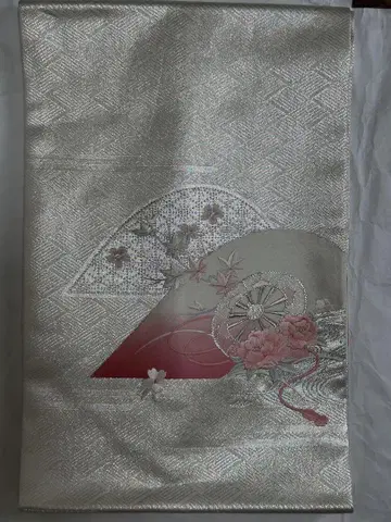 실버 꽃무늬 부채 후쿠로 오비 벚꽃 자수