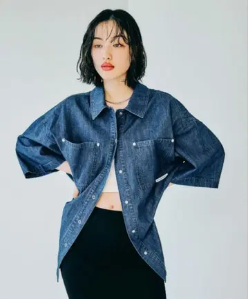 미품 LEPSIM BIG 데님 5부 소매 셔츠 튜닉 인디고 블루