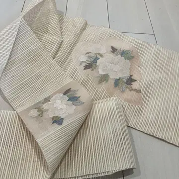 나고야 오비 꽃무늬 자수 베이지 계열 여름용 명주, 얇은 비단