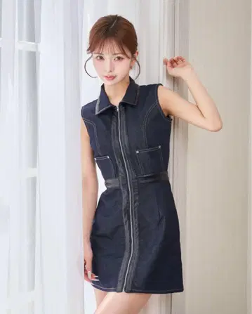 darich 가죽 콤비 슬리브리스 데님 미니 원피스
