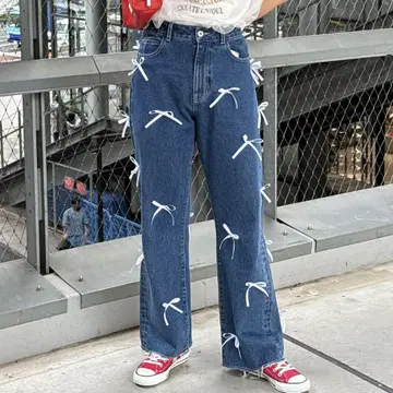 헬로 샌프란시스코 새틴 리본 데님 팬츠