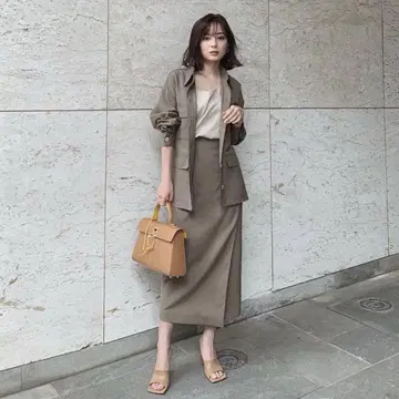 CACHEC 린넨 혼방 타이트 스커트 카키 S 사이즈