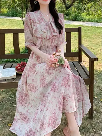 DAY CLOSET 꽃무늬 원피스 미니 꽃무늬 보타이 쉬폰 A라인 원피스