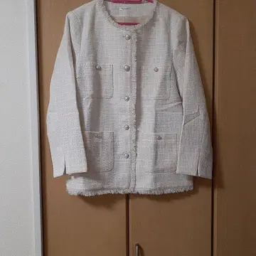 허니즈 노카라 자켓 화이트 프린지 마감