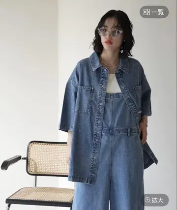BIG 데님 5부 소매 셔츠 튜닉 케미컬 블루