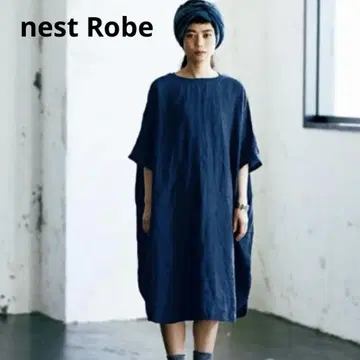 세탁 가능한 네스트로브 린넨 100% 원피스 프리 사이즈 네이비