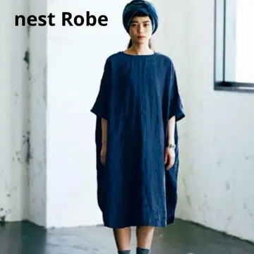 세탁 가능한 네스트로브 린넨 100% 원피스 프리 사이즈 네이비