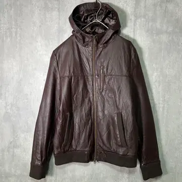 그런지 가죽 지퍼 후드티 브라운 천연 가죽