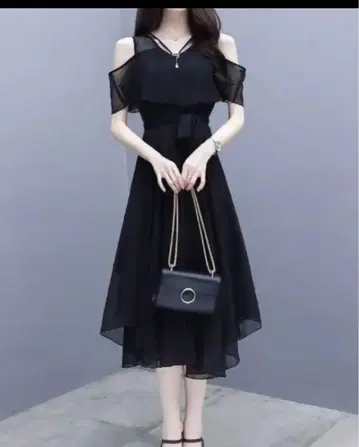 새상품 블랙 오프숄더 쉬폰 미디 드레스