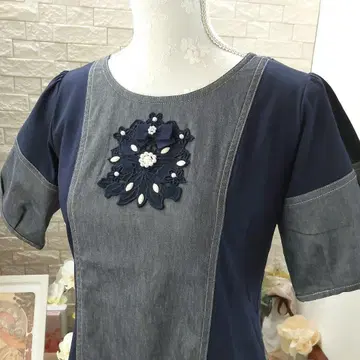 새상품급 꽃 모티프 자수 데님 콤비 원피스
