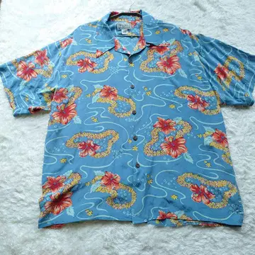 AVANTI XXL 실크 100% 알로하 셔츠 하이비스커스 파랑