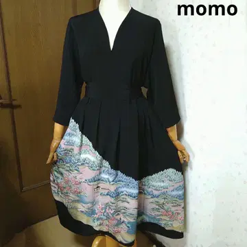 순수 실크 검정색 토메소데 허리 리본 장식 주름 원피스 기모노 리메이크