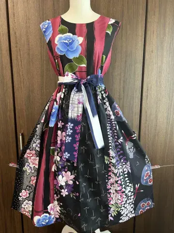 유카타 리메이크 면 패치워크 원피스 다색 꽃무늬 슬리브리스 유카타