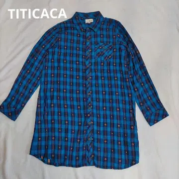 TITICACA 블루 계열 체크 무늬 긴팔 롱 셔츠 원피스 튜닉