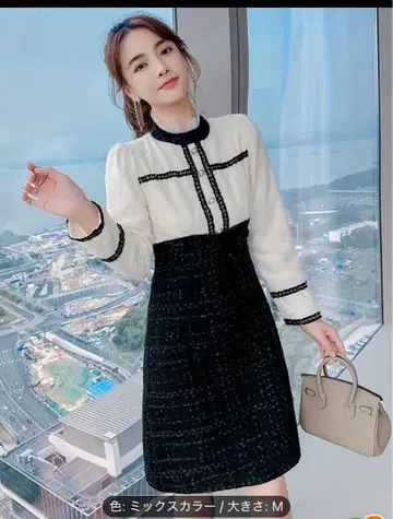 새상품 믹스 컬러 긴팔 무릎 기장 원피스 M
