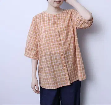 오렌지 계열 체크 5부 소매 튜닉
