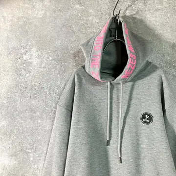 REZES 후드티 그레이 로고 프린트 풀오버 후디 드롭숄더