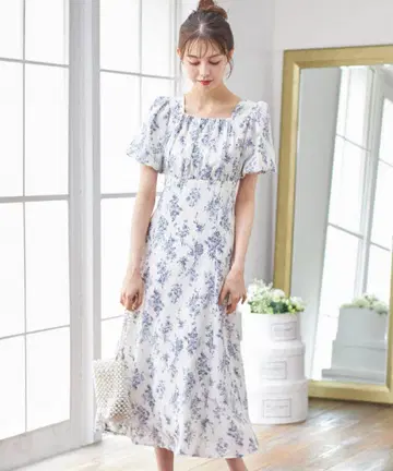 펄 장식 백 레이스업 플라워 프린트 원피스