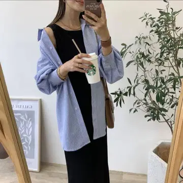 BLATE 볼륨 슬리브 스트라이프 셔츠