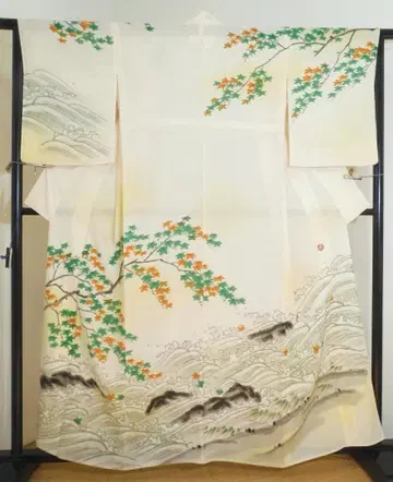 순수 실크 마치 일본화 파도에 단풍 미나가와 겟카의 여름 기모노 명주