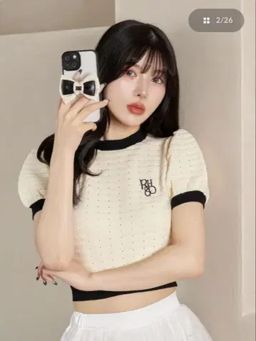 백리본 퍼프 숄 니트 탑