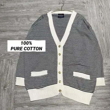 100% PURE COTTON 보더 가디건 골드 버튼 골드