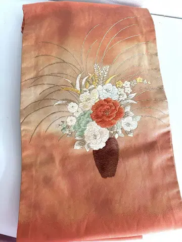 오렌지 컬러 오비 꽃무늬 자수 일본 의류