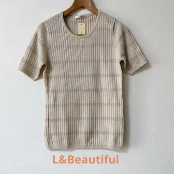 L&Beautiful 베이지 반팔 니트 리브 스트라이프