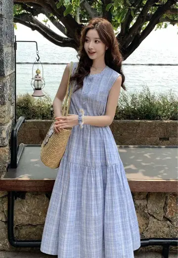 슬리브리스 블루 계열 체크 롱 원피스