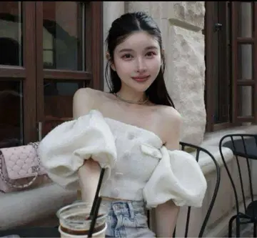 웹 완판 퍼프 슬리브 오프숄더 트위드 상의 화이트