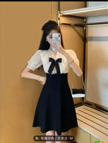 새상품 화이트 블랙 리본 포함 반팔 드레스 M