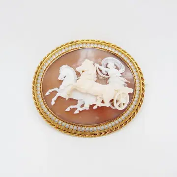 쉘 카메오 브로치 Au 골드 빈티지 에나멜